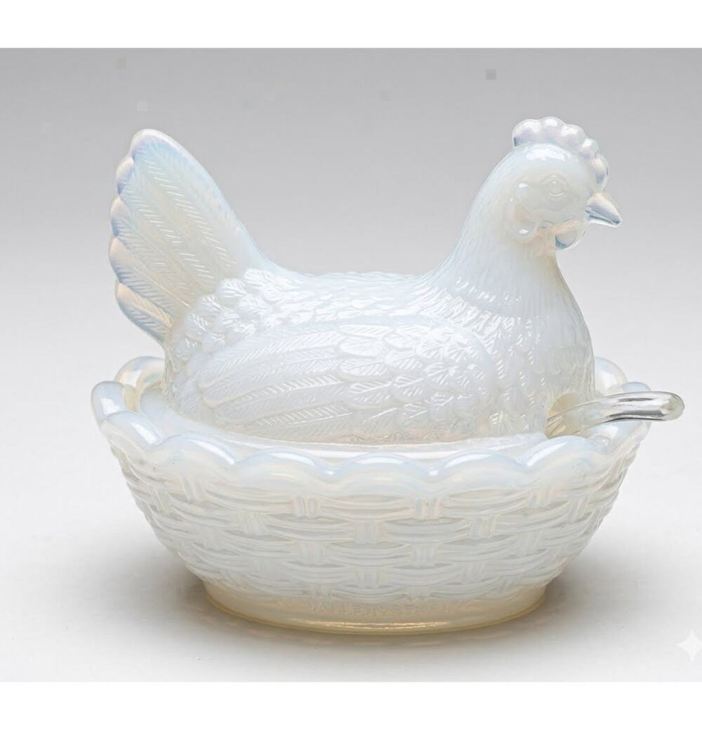 Vintage Vallerysthal French Opalescent Milk Glass Mini Hen on Nest Salt Cellar